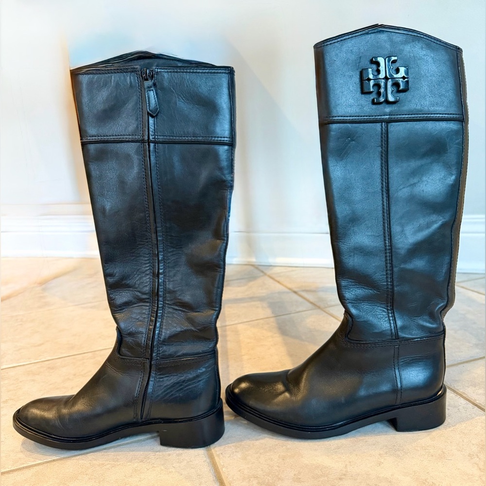 Tory Burch Black Leather Logo  Riding Equestrian Boots Knee High Size 6M RARE